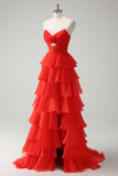 Orange Strapless Tiered Ruffle Cut Out A-Line Prom Dress with Slit