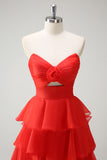 Orange Strapless Tiered Ruffle Cut Out A-Line Prom Dress with Slit