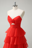 Orange Strapless Tiered Ruffle Cut Out A-Line Prom Dress with Slit