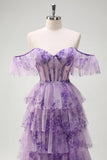 Lilac Off the Shoulder Corset Tiered A-Line Floral Prom Dress