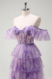 Lilac Off the Shoulder Corset Tiered A-Line Floral Prom Dress