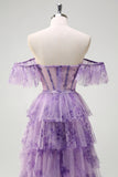 Lilac Off the Shoulder Corset Tiered A-Line Floral Prom Dress