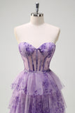 Lilac Off the Shoulder Corset Tiered A-Line Floral Prom Dress