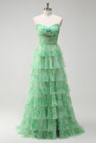 Green Strapless Keyhole Floral Ruffled A-Line Prom Dress with Slit