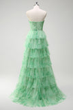 Green Strapless Keyhole Floral Ruffled A-Line Prom Dress with Slit