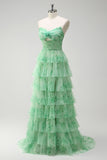 Green Strapless Keyhole Floral Ruffled A-Line Prom Dress with Slit