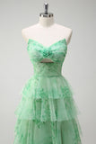 Green Strapless Keyhole Floral Ruffled A-Line Prom Dress with Slit