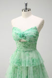 Green Strapless Keyhole Floral Ruffled A-Line Prom Dress with Slit