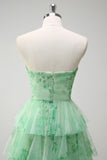 Green Strapless Keyhole Floral Ruffled A-Line Prom Dress with Slit