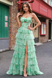 Green Strapless Floral Tiered A-Line Prom Dress with Slit