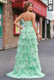 Green Strapless Floral Tiered A-Line Prom Dress with Slit