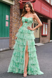 Green Strapless Floral Tiered A-Line Prom Dress with Slit