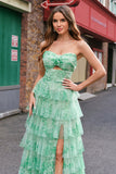 Green Strapless Floral Tiered A-Line Prom Dress with Slit