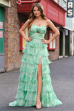 Green Strapless Floral Tiered A-Line Prom Dress with Slit