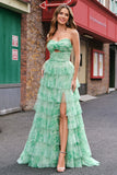 Green Strapless Floral Tiered A-Line Prom Dress with Slit