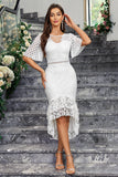 White High-Low Short Sleeves Ruffle Lace Dress