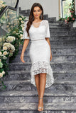 White High-Low Short Sleeves Ruffle Lace Dress