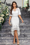 White High-Low Short Sleeves Ruffle Lace Dress