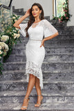 White High-Low Short Sleeves Ruffle Lace Dress