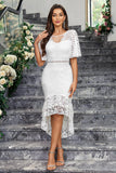 White High-Low Short Sleeves Ruffle Lace Dress