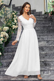 White V Neck A-Line Long Sleeves Long Dress