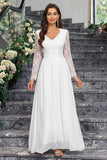 White V Neck A-Line Long Sleeves Long Dress