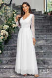 White V Neck A-Line Long Sleeves Long Dress