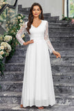 White V Neck A-Line Long Sleeves Long Dress