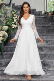 White V Neck A-Line Long Sleeves Long Dress