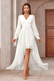 White Wrap Sleeves A-Line High-Low Long Prom Dress