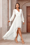 White Wrap Sleeves A-Line High-Low Long Prom Dress