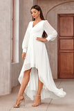 White Wrap Sleeves A-Line High-Low Long Prom Dress