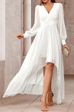 White Wrap Sleeves A-Line High-Low Long Prom Dress