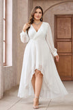 White Wrap Sleeves A-Line High-Low Long Prom Dress