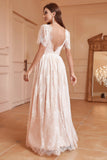 White A-Line Backless Short Sleeves Lace Long Prom Dress