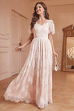 White A-Line Backless Short Sleeves Lace Long Prom Dress