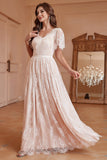 White A-Line Backless Short Sleeves Lace Long Prom Dress