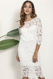 White Sheath 3/4 Sleeves Boat Neck Lace Cocktail Dress