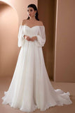 Elegant White A-Line Off the Shoulder Long Sleeves Prom Dress