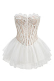 White A-Line Lace Strapless Corset Tiered Short Prom Dress