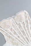 White A-Line Lace Strapless Corset Tiered Short Prom Dress