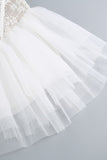 White A-Line Lace Strapless Corset Tiered Short Prom Dress