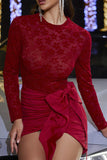 Sparkly Red Lace Long-Sleeve Ruched Cocktail Dress