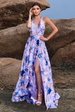 Floral Print Blue Purple A Line Long Prom Dress with Slit