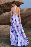 Floral Print Blue Purple A Line Long Prom Dress with Slit