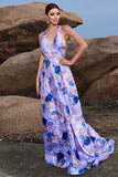 Floral Print Blue Purple A Line Long Prom Dress with Slit