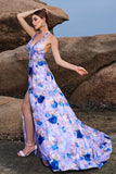 Floral Print Blue Purple A Line Long Prom Dress with Slit