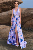 Floral Print Blue Purple A Line Long Prom Dress with Slit