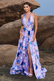 Floral Print Blue Purple A Line Long Prom Dress with Slit