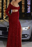 Sparkly Red Mermaid One Shoulder Hollow Out Prom Dress with Slit